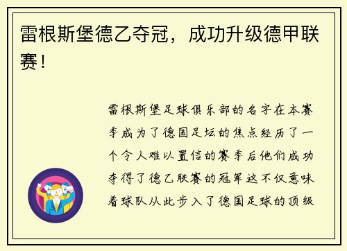 雷根斯堡德乙夺冠，成功升级德甲联赛！